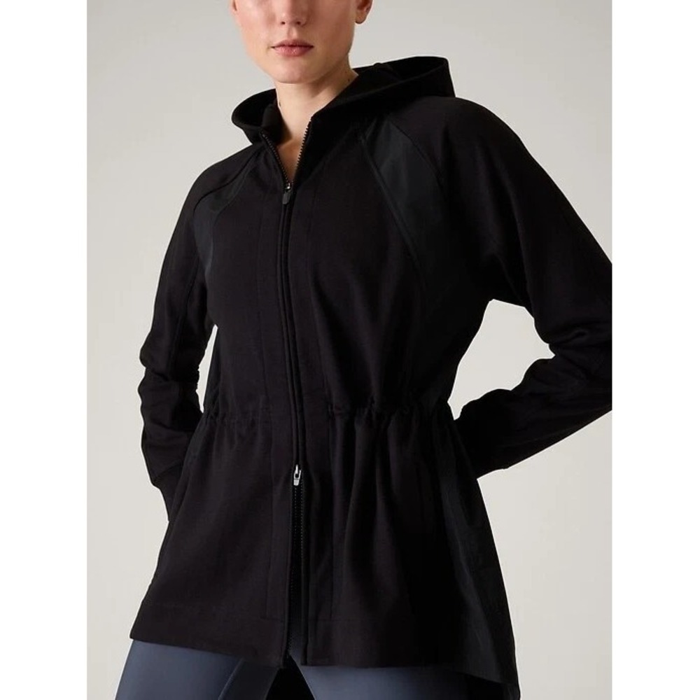 Athleta Triumph Hybrid Jacket Sz‎ M Black Zip Up Hooded Hi Low Athletic Casual